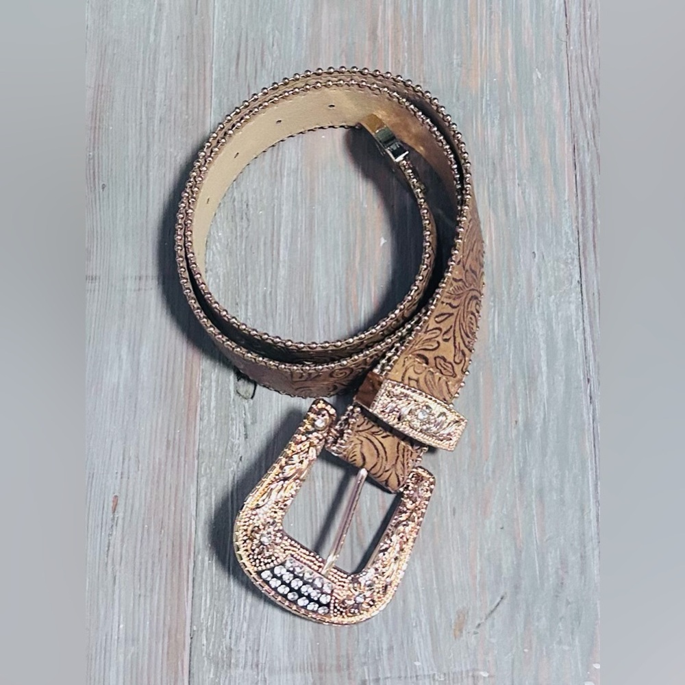 Women's Embossed Rhinestone Buckle Belt - Tan